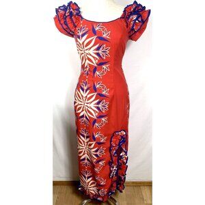 Mamo Howell MuuMuu Dress Women's Sz XS Hawaii Aloha Tropical Red White Blue Ruff